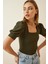 Kadın Haki Kare Yaka Örme Bluz HZL22W-BD104091 1