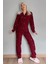 Bordo Kalp Desenli Önden Düğmeli Peluş Polar Pijama Takımı 5