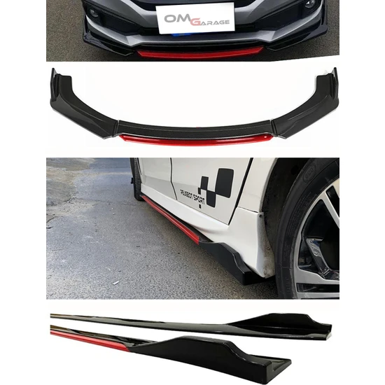 Omg Oto Peugeot 206+ 2009-2013 Kırmızı Şeritli Ön Lip ve Yan Marşpiyel Seti Piona Black