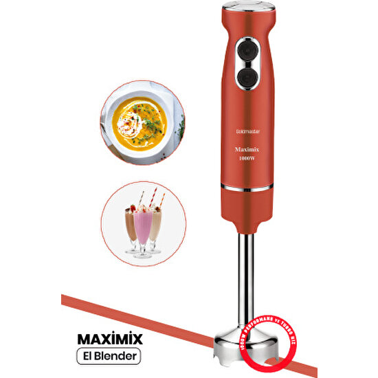 Goldmaster Maximix Vişne Kırmızı 1000 Watt 4 Bıçaklı Paslanmaz Çelik Turbo Hız Ayarlı El Blender