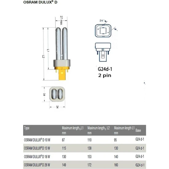 Osram Dulux D 10W/827 2P PLC Ampul 2700K Sarı Işık (11 cm) Kompak Floresan Lamba