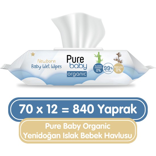 Pure Baby Organic Yenidoğan Islak Havlu 12X70 (840 Yaprak)