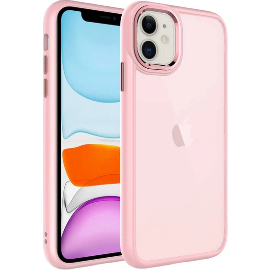 Fibaks Apple iPhone 11 Kılıf Metal Çerçeve Hassas Butonlu Renkli Buzlu Şeffaf Transparan Kapak
