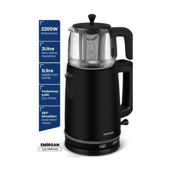Goldmaster Emirgan Siyah 2200 Watt Geniş Hazneli Paslanmaz Çelik Çay Makinesi ve Su Isıtıcısı