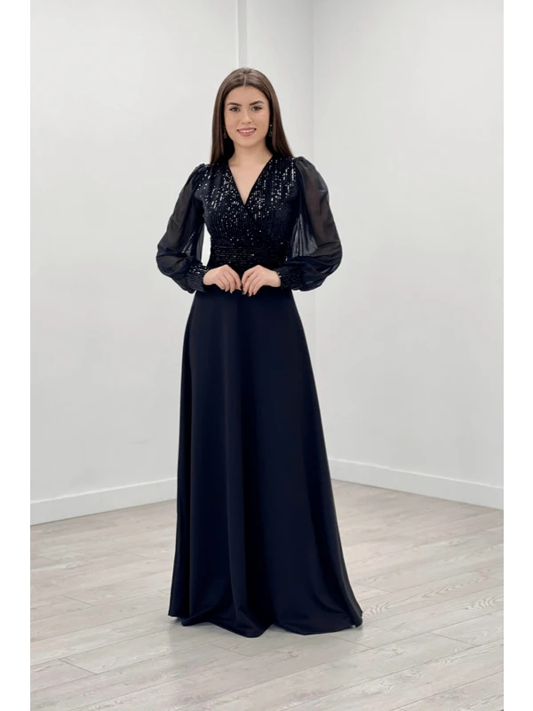 giyimmasalı Payet Kumaş Kolları Tül Abiye Elbise - Siyah