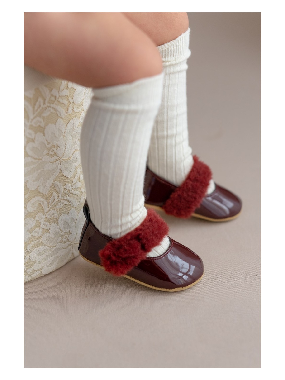 First Step Bordo Tüylü Cırt Cırtlı Rugan Kız Bebek Babet PATIK-G-2355