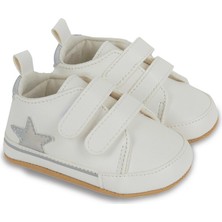 First Step Gümüş Yıldızlı Beyaz Kız Bebek Cırt Cırtlı Patik AYAKKABI-G-2352