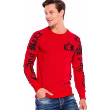 Cipo & Baxx CL370 Kalın Nakışlı Kırmızı Bisiklet Yaka Sweatshirt