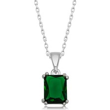 925 Gümüş Gümüş Yeşil Kristal Kare Taşlı Kadın Kolye