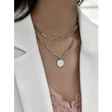 X-lady Accessories Gümüş Renk Dikdörtgen Zincir Yuvarlak Pul Charm Katmanlı Kolye - 2106