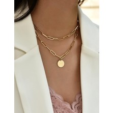 X-lady Accessories Altın Renk Dikdörtgen Zincir Yuvarlak Pul Charm Katmanlı Kolye - 2105