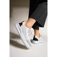 Marjin Kadın Sneaker Loske Siyah Suni Deri Kalın Taban Bağcıklı Ayakkabı