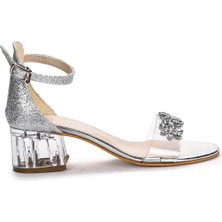 Kiko Kids 790 Kum Simli Taşlı Kız Çocuk 3 cm Şeffaf Topuklu Sandalet Ayakkabı Gümüş