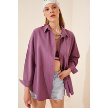 Hazelin Kadın Koyu Lila Oversize Uzun Basic Gömlek HZL22W-BD139001