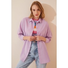 Hazelin Kadın Açık Lila Oversize Uzun Basic Gömlek  HZL22W-BD139001