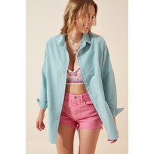 Hazelin Kadın Su Yeşili Oversize Uzun Basic Gömlek  HZL22W-BD139001