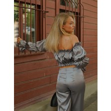 ALV Fashion Saten Crop Bluz Pantolon Takımı