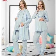 Nehir Hamile Lohusa Pijama Takımı Mavi Renk Uzun Kollu %100 Pamuk 3'lü Set