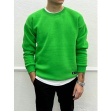 Off Beat Erkek Owersize Içi Şardonlu Bisiklet Yaka Sweatshirt -Yeşil