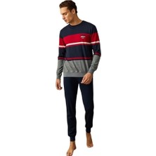 Poleren Sıfır Yaka Çizgili Pamuklu Kalın Erkek Pijama Takım