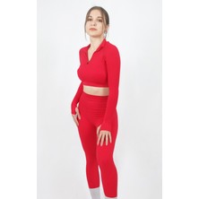 Ta Sports Wear Yüksek Bel Toparlayıcı Seamless Tayt ve Fermuar Detaylı Uzun Kollu Crop Takım