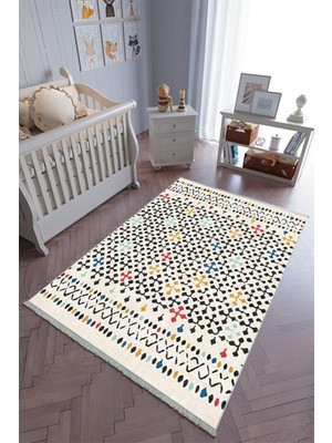 10 Post Onlineçocuk Odası Halısı Ekru Siyah Yolluk Kaymaz Yuvarlak Oval Kesme Ince Yıkanabilir Halı