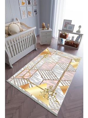 10 Post Onlineçocuk Odası Halısı Pembe Altın Gold Yolluk Kaymaz Yuvarlak Oval Kesme Ince Yıkanabilir Halı