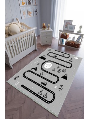 10 Post Onlineçocuk Odası Halısı Gri Siyah Yolluk Kaymaz Yuvarlak Oval Kesme Ince Yıkanabilir Halı