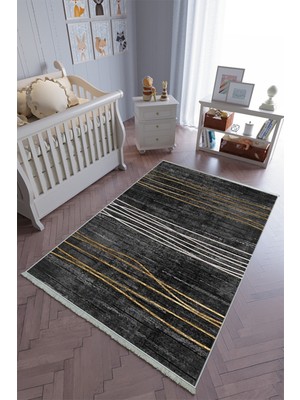 10 Post Onlineçocuk Odası Halısı Siyah Altın Yolluk Kaymaz Yuvarlak Oval Kesme Ince Yıkanabilir Halı