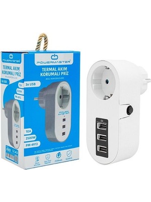 Powermaster PM-4913 3 Usb'li Tekli Termal Akım Korumalı Priz 10A 2500W Priz