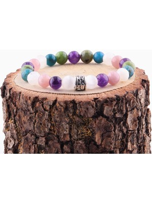 Safnaturel Selenit Ametist Pembe Kuvars Ay Taşı Apatit -Yeşim Doğal Taş 8 mm Bileklik