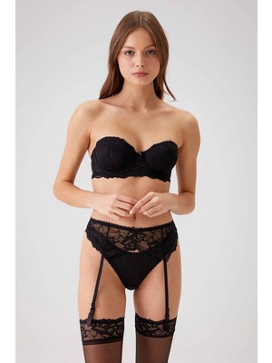 Pierre Cardin Siyah 4793 Siena Balenli Desteksiz Dantelli Çoraplı Jartiyer Sütyen Takım (Tak-Çıkar Askılı)