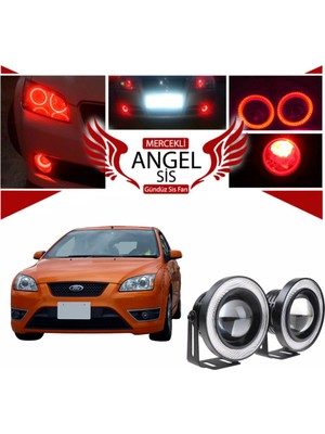 STS Oto Aksesuar Ford Focus 2 Uyumlu, Universal Mercekli LED Angel Sis Farı, 76MM Kırmızı Renk