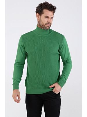 Çizgi Triko Erkek Tam Balıkçı Yaka Pamuklu Triko Kazak 4669E Yeşil