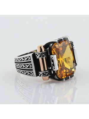 Sitrin Taşlı 925 Ayar Gümüş Erkek Yüzük