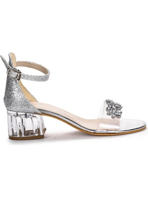 Kiko Kids 790 Kum Simli Taşlı Kız Çocuk 3 cm Şeffaf Topuklu Sandalet Ayakkabı Gümüş