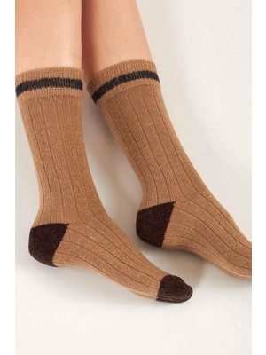 Gowith Unisex Alpaka Yünü Kışlık Çemberli 2 Çift Bej/kahve Soket Çorap - GW-3093-B/K