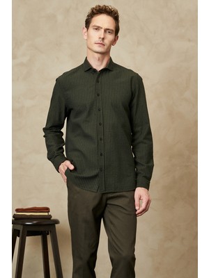 Altınyıldız Classics Erkek Haki Slim Fit Dar Kesim Italyan Yaka %100 Pamuk Gofre Gömlek