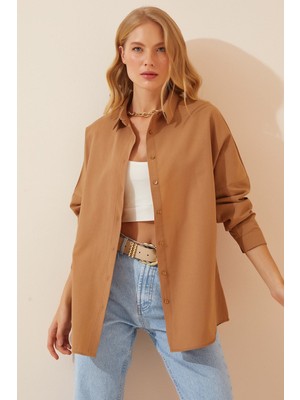 Hazelin Kadın Camel Oversize Uzun Basic Gömlek  HZL22W-BD139001