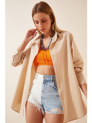 Hazelin Kadın Bej Oversize Uzun Gömlek %70 Pamuk %30 Polyester Rahat Stil HZL22W-BD139001