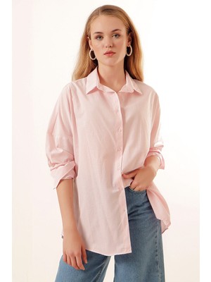 Hazelin Kadın Pudra  Oversize Uzun Basic Gömlek HZL22W-BD139001