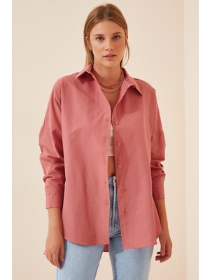 Hazelin Kadın Koyu Gül Kurusu Oversize Uzun Basic Gömlek HZL22W-BD139001