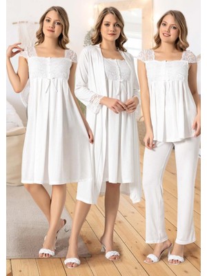 Duchesse Lohusa 4'lü Pijama Gecelik Sabahlık Seti %100 Pamuk Narin Dantel Detaylarıyla S Beden