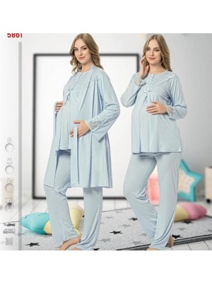 Nehir Hamile Lohusa Pijama Takımı Mavi Renk Uzun Kollu %100 Pamuk 3'lü Set