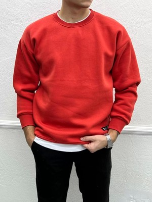 Off Beat Erkek Owersize Içi Şardonlu Bisiklet Yaka Sweatshirt -Kırmızı