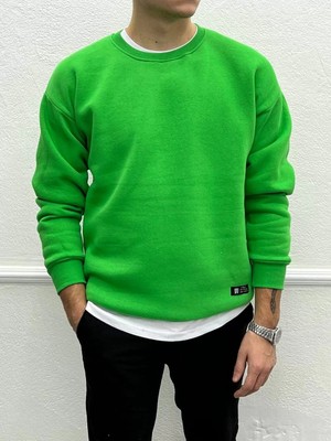 Off Beat Erkek Owersize Içi Şardonlu Bisiklet Yaka Sweatshirt -Yeşil