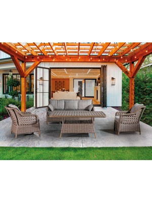 Tu Tienda Ronda Alüminyum 3+1+1+Masa(80*140)+2Puf Rattan Bahçe Balkon Mobilyası,Sütlü Kahve Kumaş / Kahverengi Örgü
