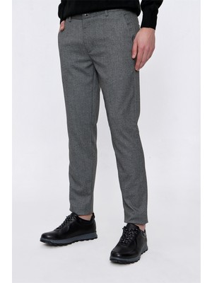 Morven  Erkek Gri Poliviskon Desenli Slim Fit Pantolon