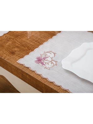 Finezza Dolce Nakışlı Keten Efekt Kumaş Krem Pembe A.servis 33X45 cm 4 AD-1396