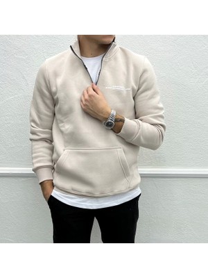 Erkek Içi Şardonlu Yakası Fermuarlı Sweatshirt - Taş Rengi